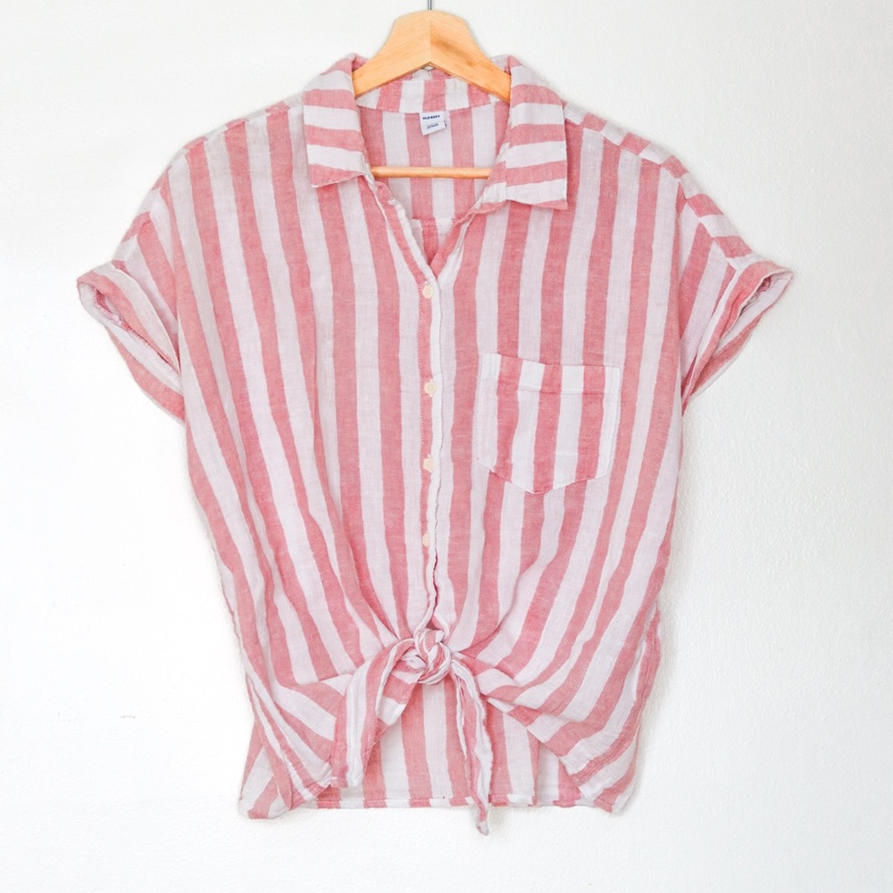Old Navy│Pink Linen Tie Front Shirt